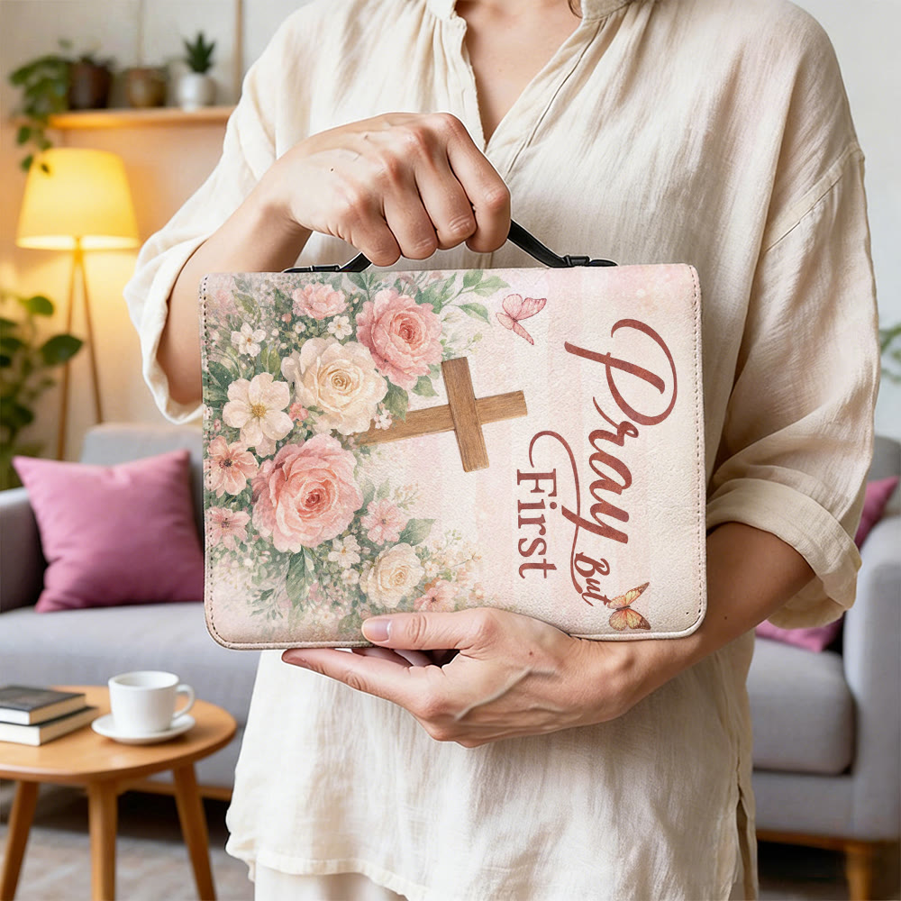 Christianartworkshop "Pray But First" Soft Floral Cross Zippered Bible Cover - image 4