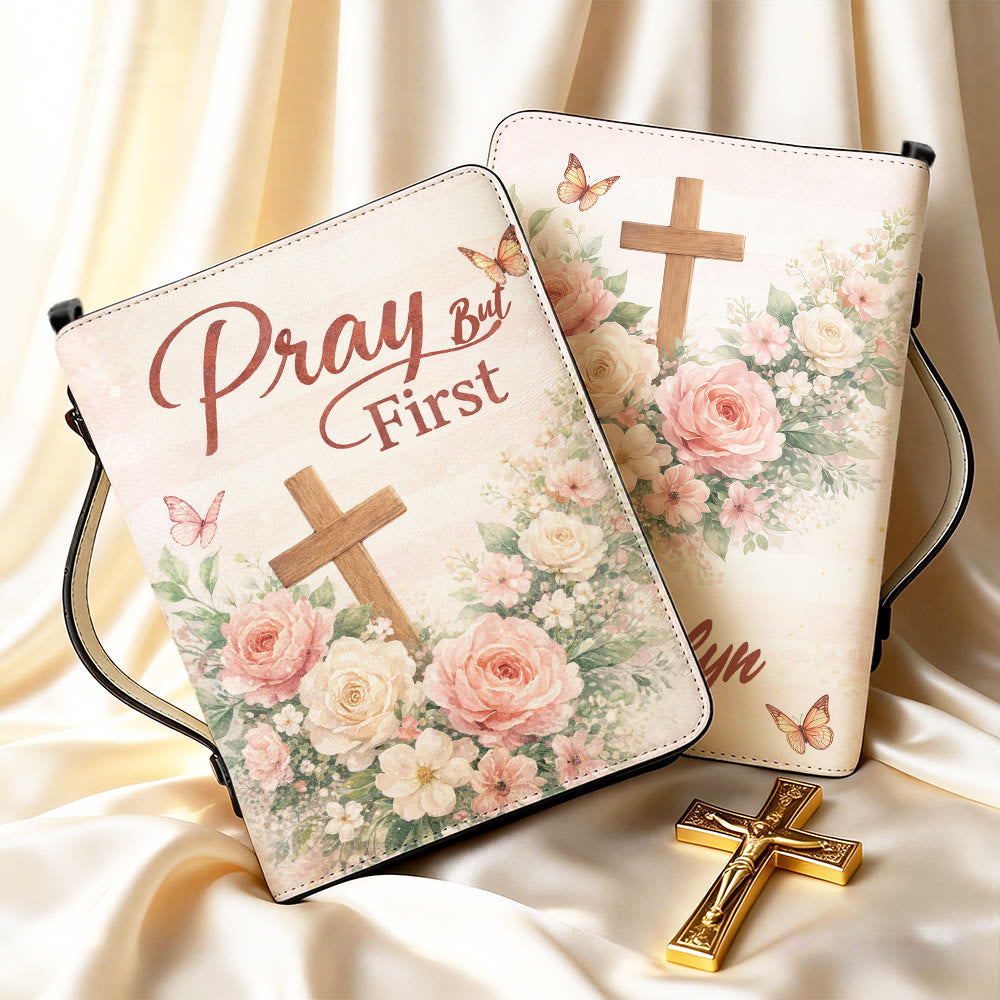 Christianartworkshop "Pray But First" Soft Floral Cross Zippered Bible Cover - image 8
