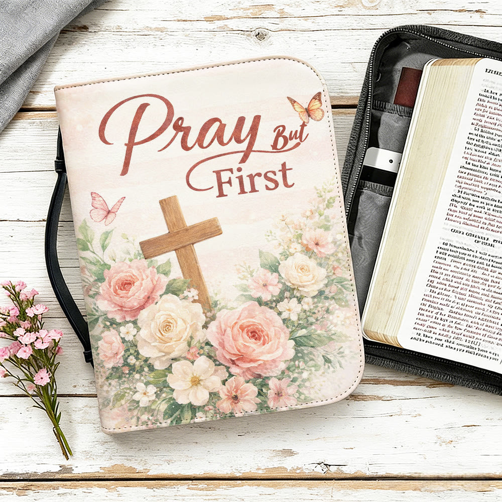 Christianartworkshop "Pray But First" Soft Floral Cross Zippered Bible Cover - image 13