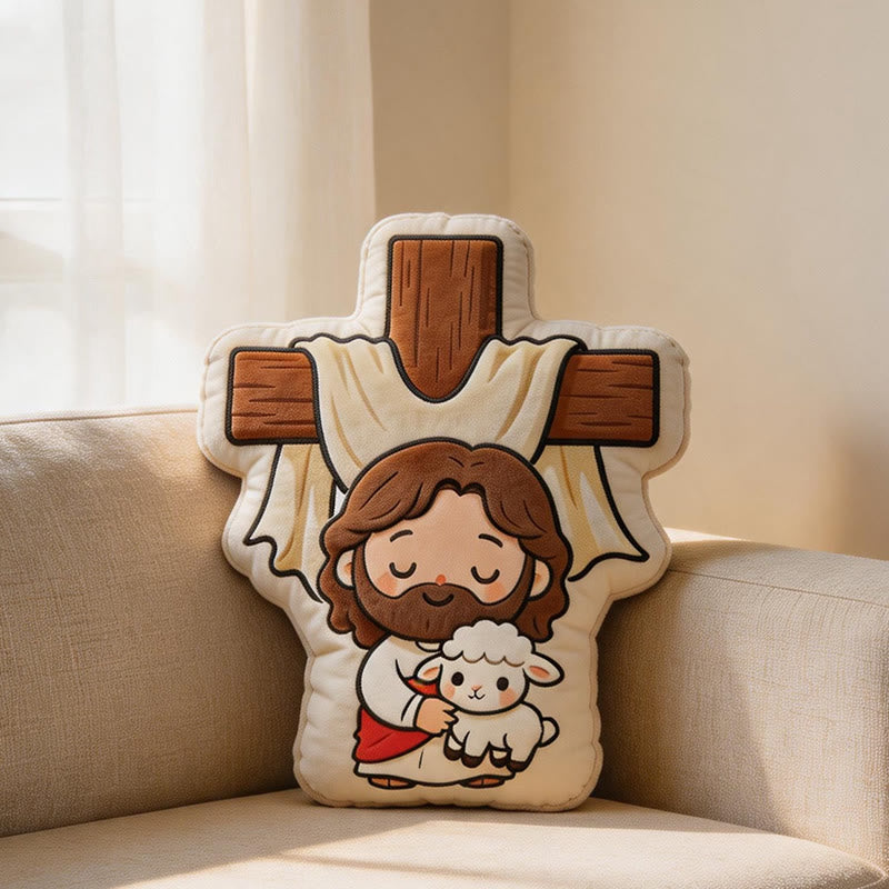 Christianartworkshop Cute Cross Shaped Jesus and Lamb Plush Pillow: Faith-Inspired Cozy Home Decor - 24" (60cm) - image 0