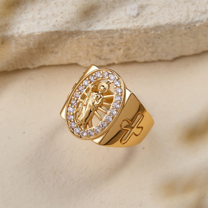 Christianartworkshop Bold St. Jude Zircon Halo Signet Ring with Side Cross: A Symbol of Hope and Divine Guidance - image 2