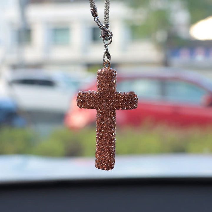 Christianartworkshop Crystal-Embellished Cross Car Pendant: Radiant Faith for Every Journey - Champagne# - image 11