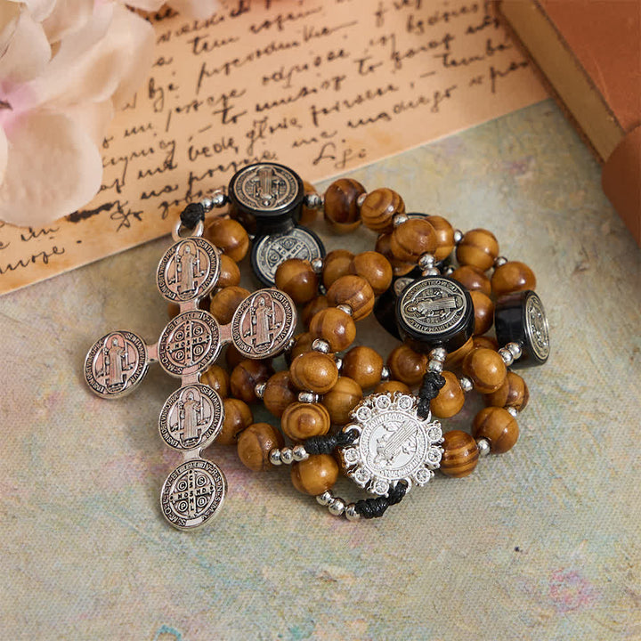 Christianartworkshop Natural Olivewood Rosary with St. Benedict Spacers and Oversized Filigree Cross - image 2