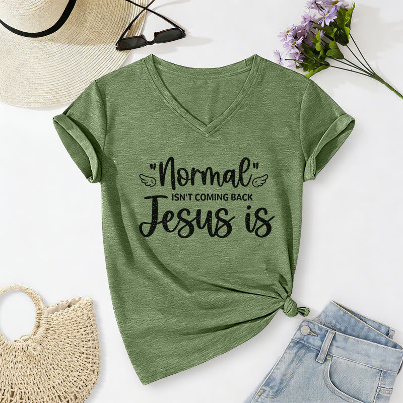 Christianartworkshop Normal Isn't Coming Back Casual V-neck T-shirt - Olive Green - 2XL - image 4