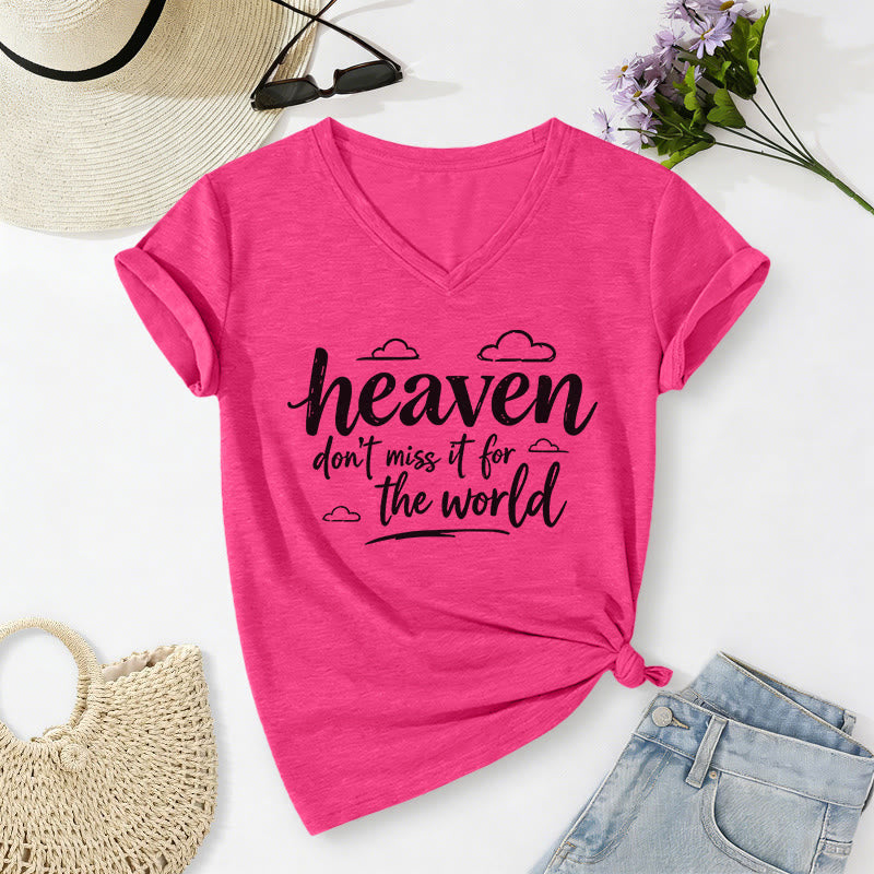 Christianartworkshop Heaven Don't Miss It For The World Inspirational Cloud Print Casual V-neck T-shirt - Rose - 2XL - image 24