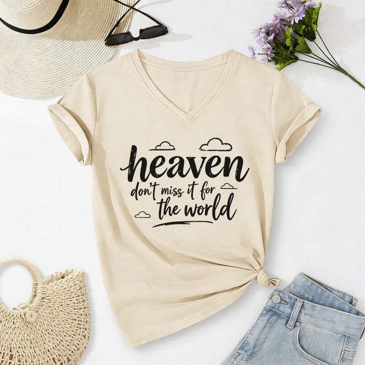Christianartworkshop Heaven Don't Miss It For The World Inspirational Cloud Print Casual V-neck T-shirt - Beige - 2XL - image 0
