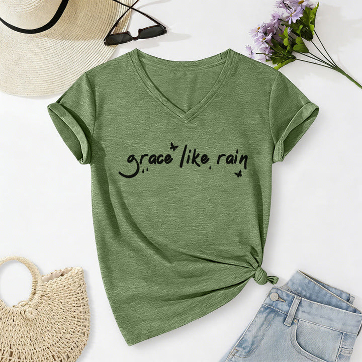 Christianartworkshop Grace Like Rain Casual V-neck T-shirt - Olive Green - 2XL - image 6