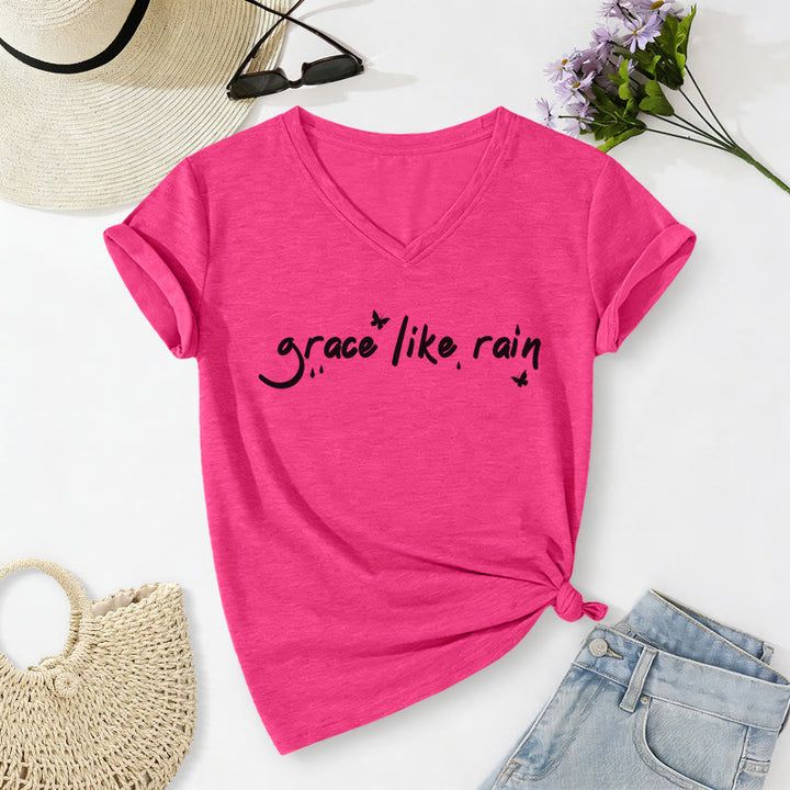 Christianartworkshop Grace Like Rain Casual V-neck T-shirt - Rose - 2XL - image 24