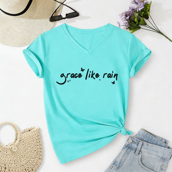 Christianartworkshop Grace Like Rain Casual V-neck T-shirt - Sky Blue - 2XL - image 10