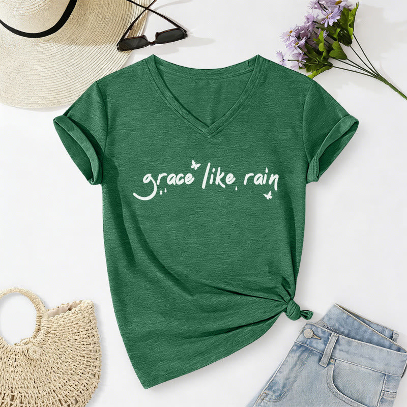 Christianartworkshop Grace Like Rain Casual V-neck T-shirt - Dark Green - 2XL - image 16