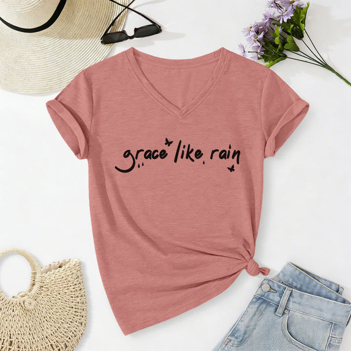 Christianartworkshop Grace Like Rain Casual V-neck T-shirt - Light Pink - 2XL - image 12