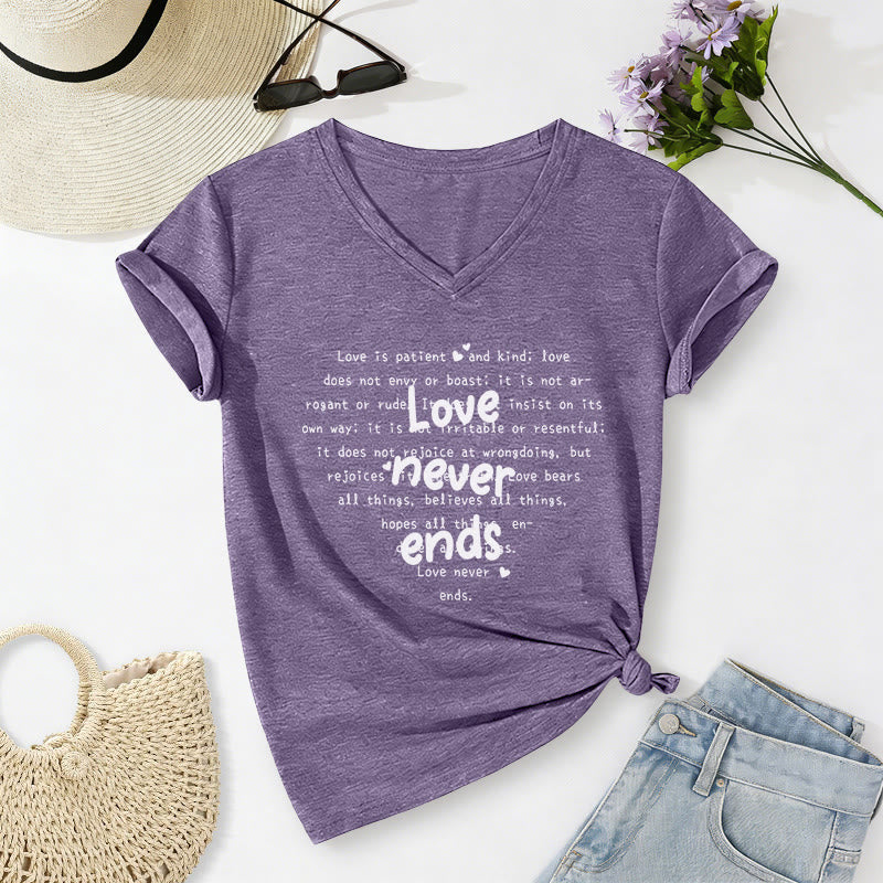 Christianartworkshop Love Never Ends Bible Verse Casual V-neck T-shirt - Purple - 2XL - image 16