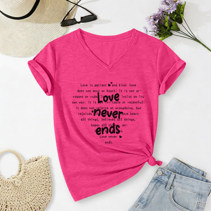 Christianartworkshop Love Never Ends Bible Verse Casual V-neck T-shirt - Rose - 2XL - image 24