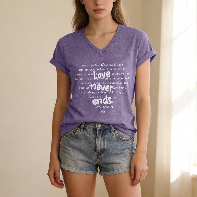 Christianartworkshop Love Never Ends Bible Verse Casual V-neck T-shirt - image 17