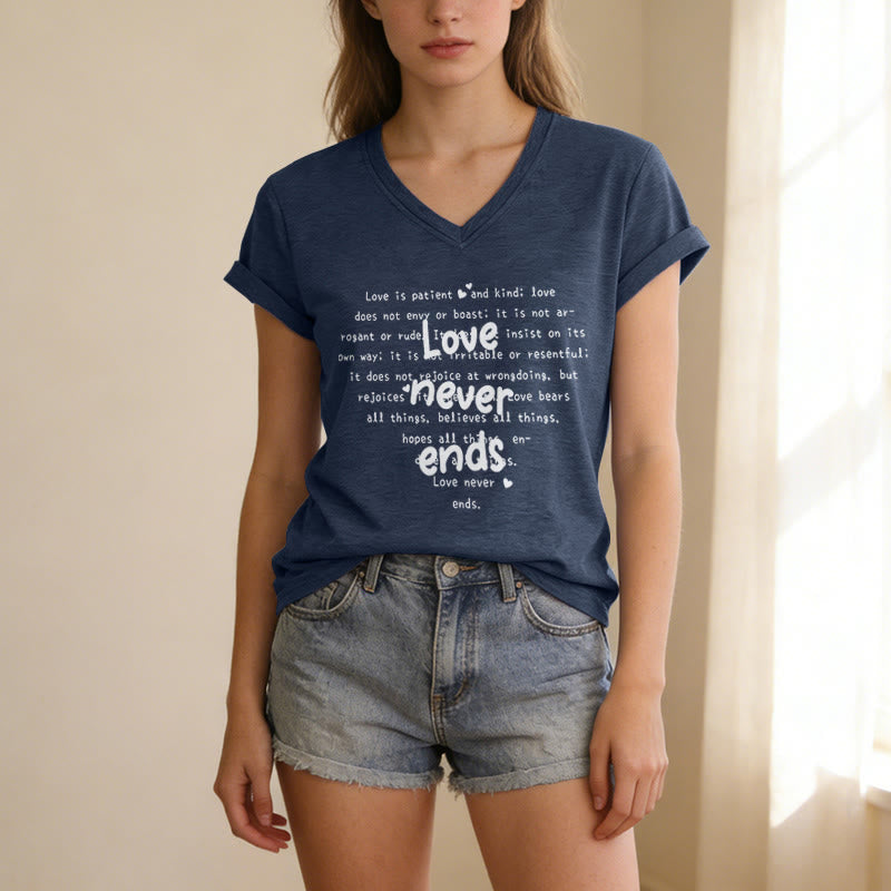 Christianartworkshop Love Never Ends Bible Verse Casual V-neck T-shirt - image 19