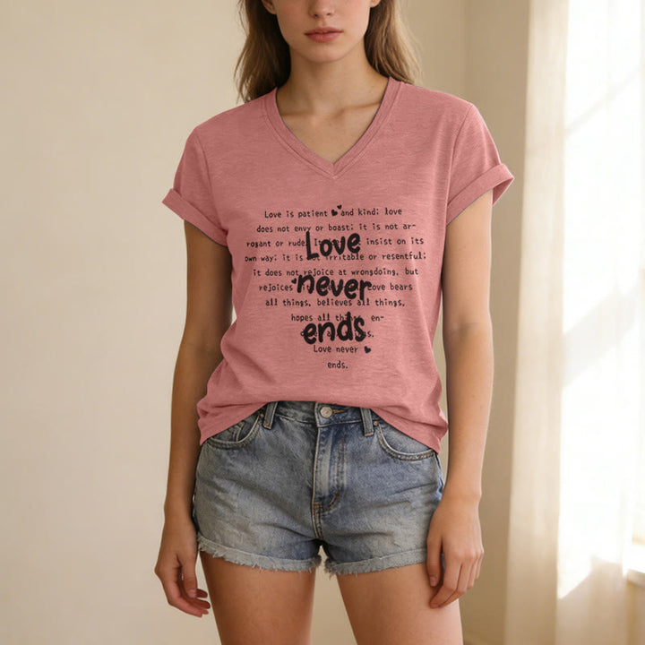 Christianartworkshop Love Never Ends Bible Verse Casual V-neck T-shirt - image 11