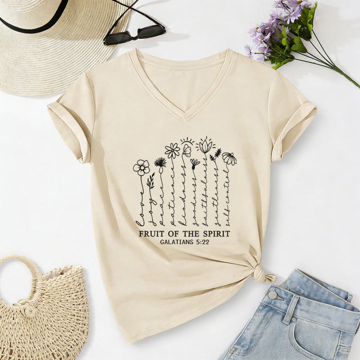 Christianartworkshop Fruit of the Spirit Galatians 5:22 Floral Print Casual V-neck T-shirt - Beige - 2XL - image 2