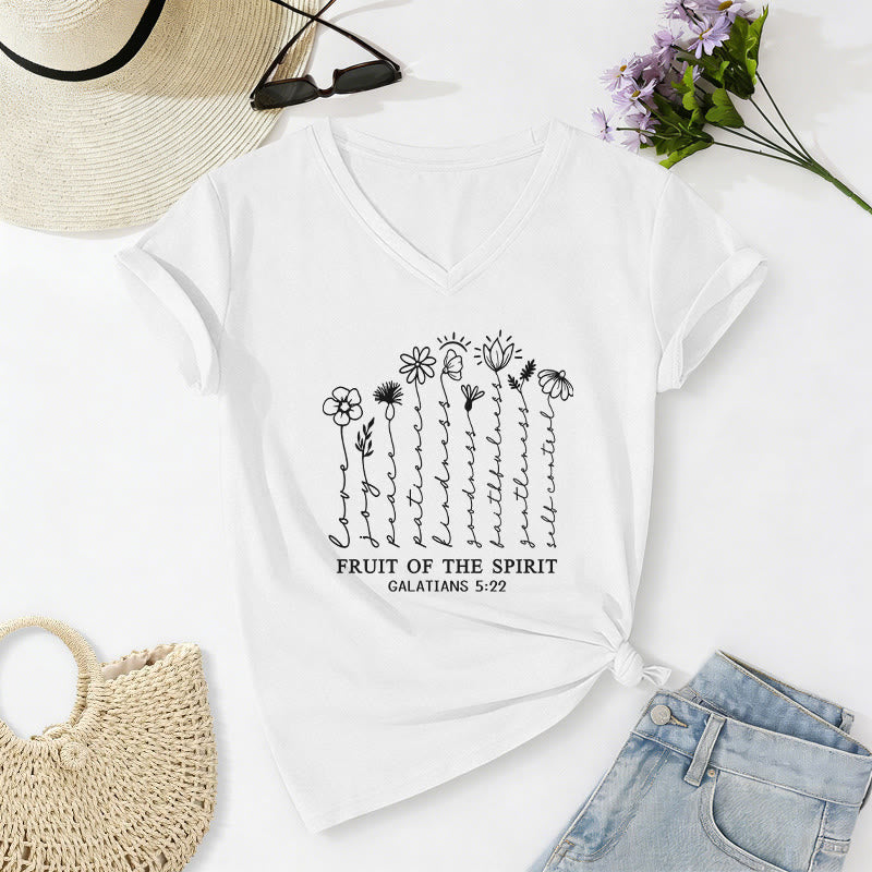 Christianartworkshop Fruit of the Spirit Galatians 5:22 Floral Print Casual V-neck T-shirt - White - 2XL - image 6