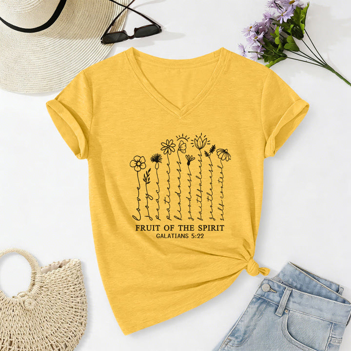 Christianartworkshop Fruit of the Spirit Galatians 5:22 Floral Print Casual V-neck T-shirt - Yellow - 2XL - image 0
