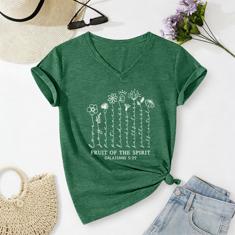 Christianartworkshop Fruit of the Spirit Galatians 5:22 Floral Print Casual V-neck T-shirt - Dark Green - 2XL - image 14