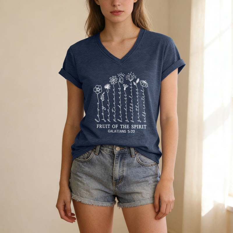Christianartworkshop Fruit of the Spirit Galatians 5:22 Floral Print Casual V-neck T-shirt - image 19