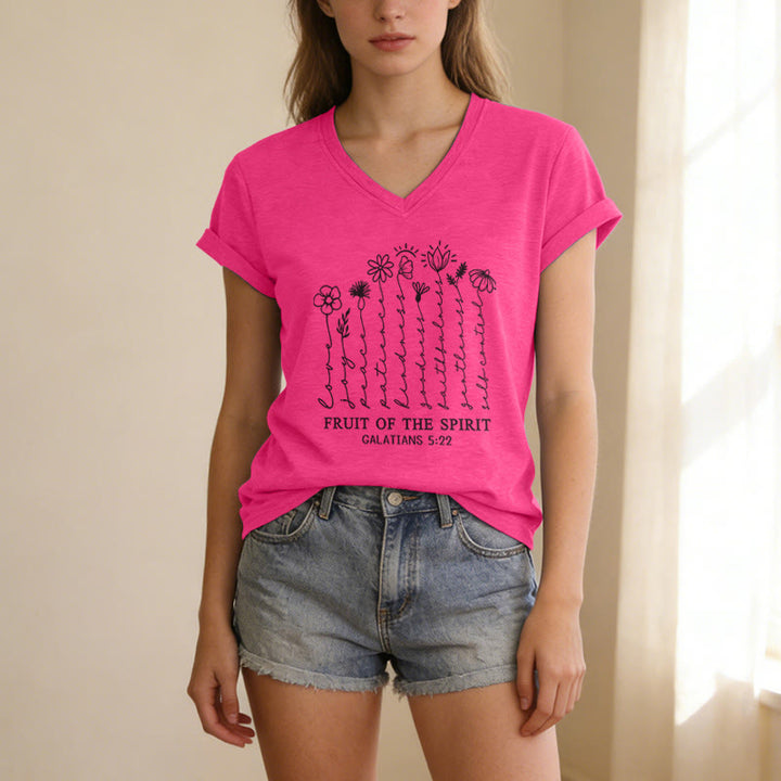 Christianartworkshop Fruit of the Spirit Galatians 5:22 Floral Print Casual V-neck T-shirt - image 25