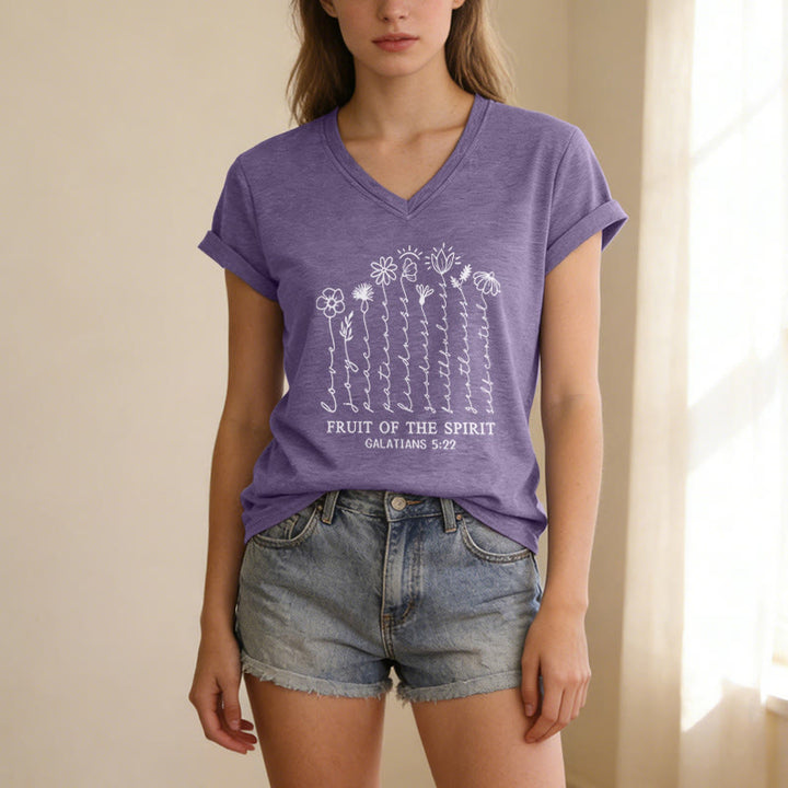 Christianartworkshop Fruit of the Spirit Galatians 5:22 Floral Print Casual V-neck T-shirt - image 17