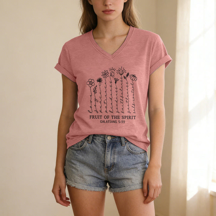 Christianartworkshop Fruit of the Spirit Galatians 5:22 Floral Print Casual V-neck T-shirt - image 11
