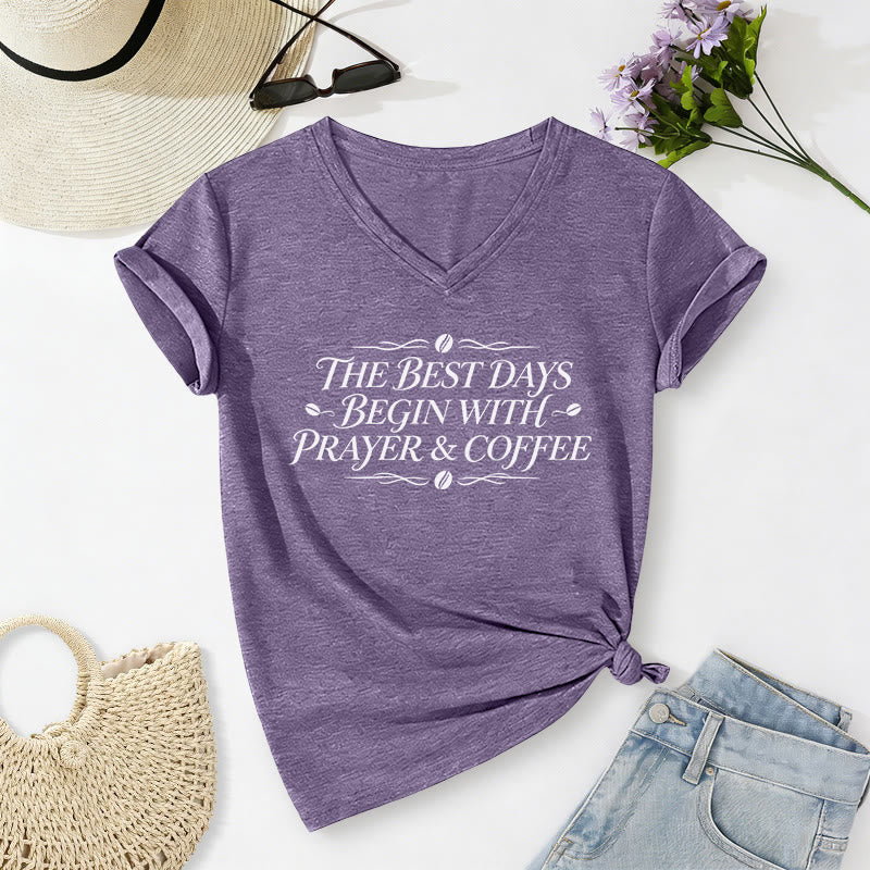 Christianartworkshop The Best Days Begin With Prayer & Coffee Casual V-neck T-shirt - Purple - 2XL - image 2
