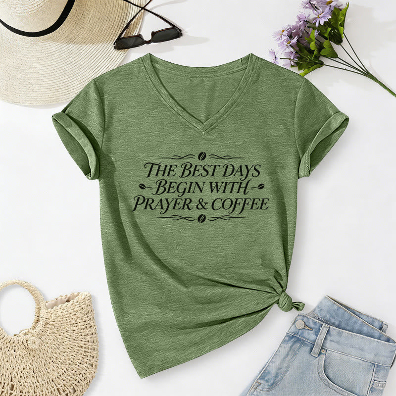 Christianartworkshop The Best Days Begin With Prayer & Coffee Casual V-neck T-shirt - Olive Green - 2XL - image 8