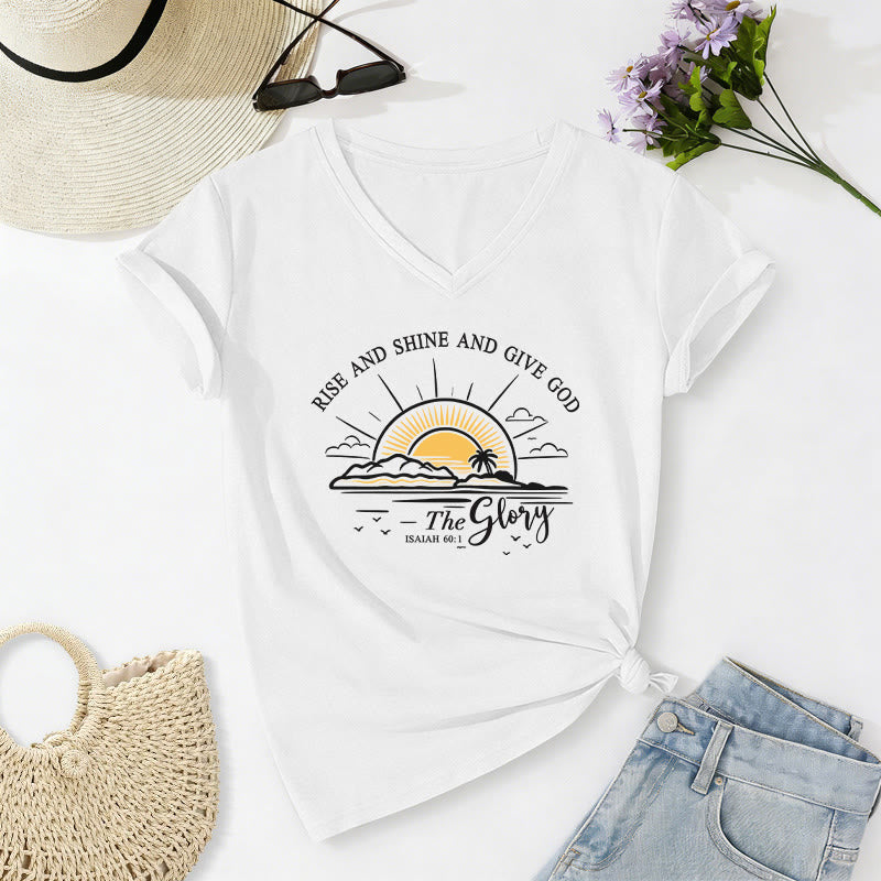 Christianartworkshop Rise and Shine and Give God the Glory Isaiah 60:1 Sunrise Print Casual V-neck T-shirt - White - 2XL - image 6