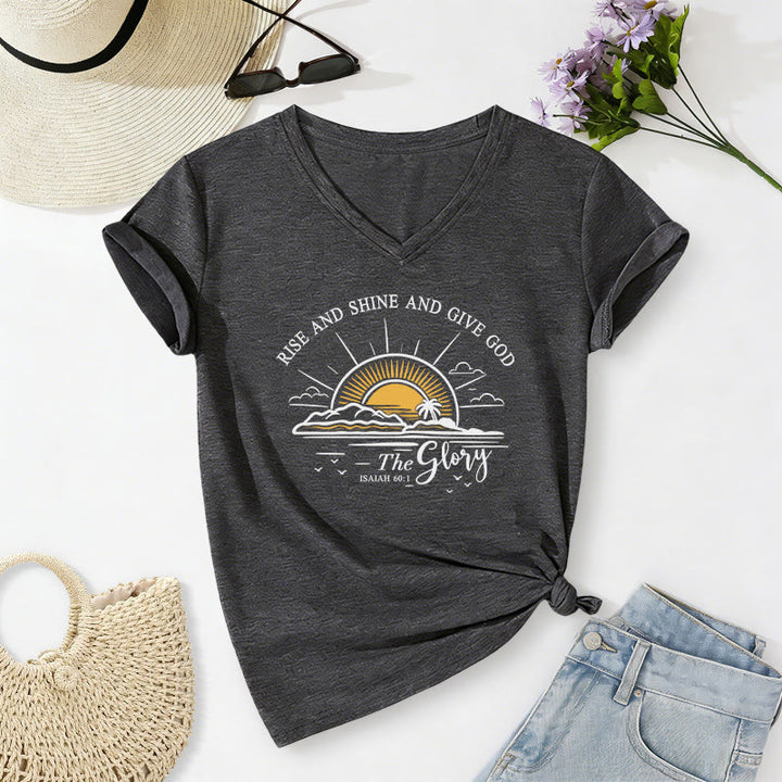 Christianartworkshop Rise and Shine and Give God the Glory Isaiah 60:1 Sunrise Print Casual V-neck T-shirt - Dark Grey - 2XL - image 20
