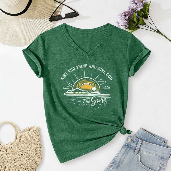 Christianartworkshop Rise and Shine and Give God the Glory Isaiah 60:1 Sunrise Print Casual V-neck T-shirt - Dark Green - 2XL - image 14