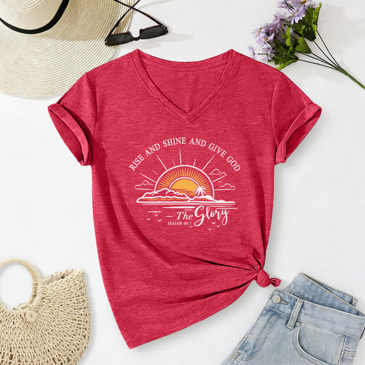 Christianartworkshop Rise and Shine and Give God the Glory Isaiah 60:1 Sunrise Print Casual V-neck T-shirt - image 23