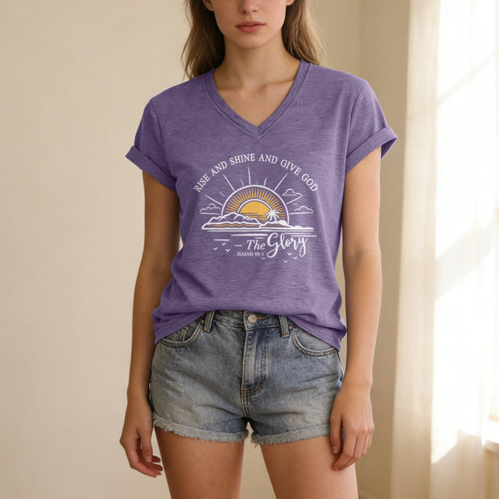 Christianartworkshop Rise and Shine and Give God the Glory Isaiah 60:1 Sunrise Print Casual V-neck T-shirt - image 17