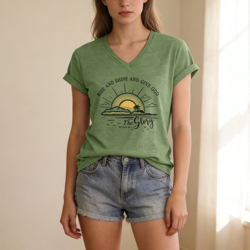 Christianartworkshop Rise and Shine and Give God the Glory Isaiah 60:1 Sunrise Print Casual V-neck T-shirt - image 5