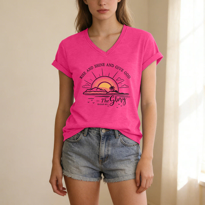 Christianartworkshop Rise and Shine and Give God the Glory Isaiah 60:1 Sunrise Print Casual V-neck T-shirt - image 25