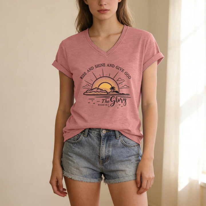 Christianartworkshop Rise and Shine and Give God the Glory Isaiah 60:1 Sunrise Print Casual V-neck T-shirt - image 11