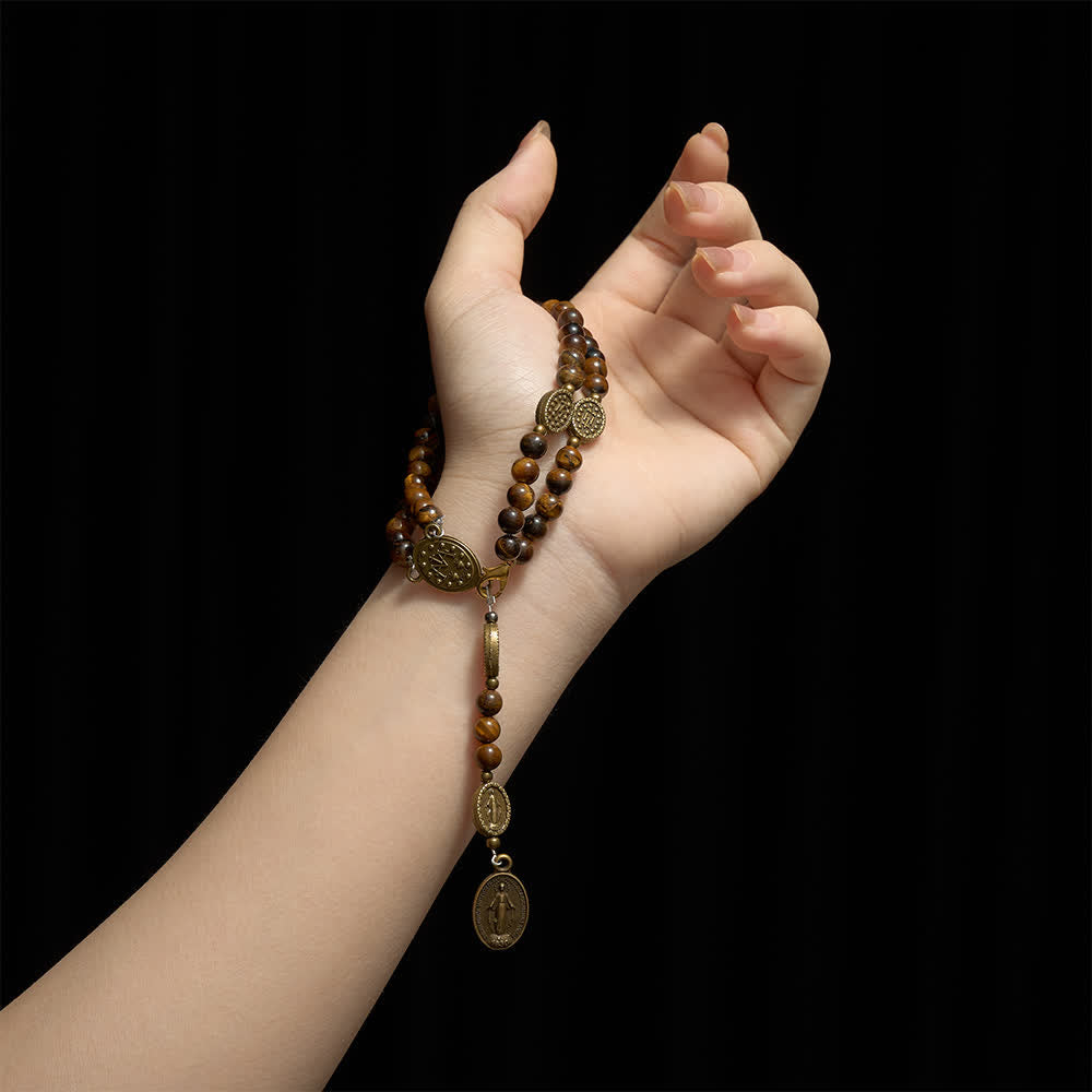 Christianartworkshop Vintage Bronze & Tiger Eye Rosary Bracelet with Miraculous Medal - image 1