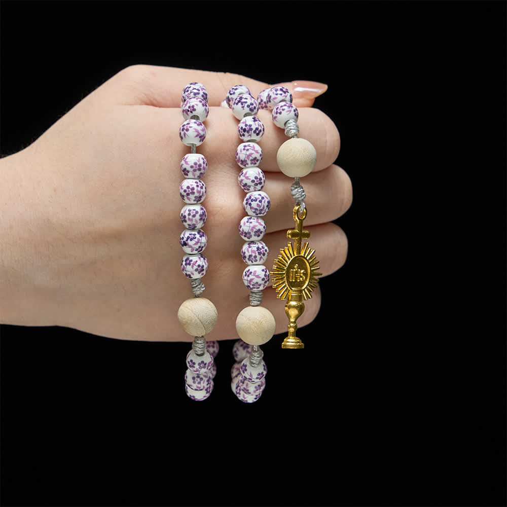 Christianartworkshop Purple Floral Ceramic & Camphor Wood Rosary with St. Benedict & IHS Chalice - image 1