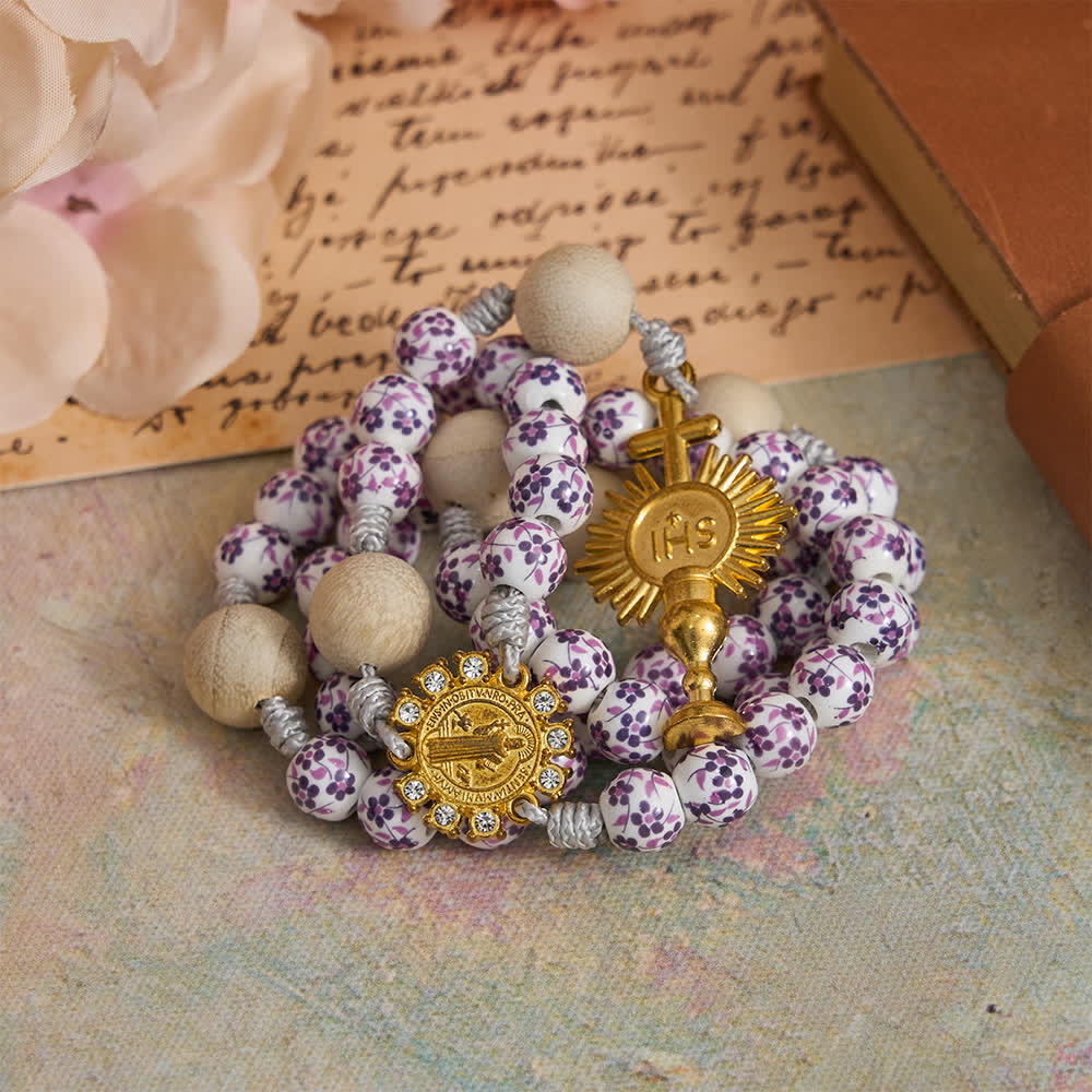 Christianartworkshop Purple Floral Ceramic & Camphor Wood Rosary with St. Benedict & IHS Chalice - image 2