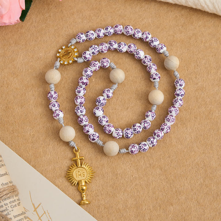 Christianartworkshop Purple Floral Ceramic & Camphor Wood Rosary with St. Benedict & IHS Chalice - St. Benedict & IHS Chalice - image 0