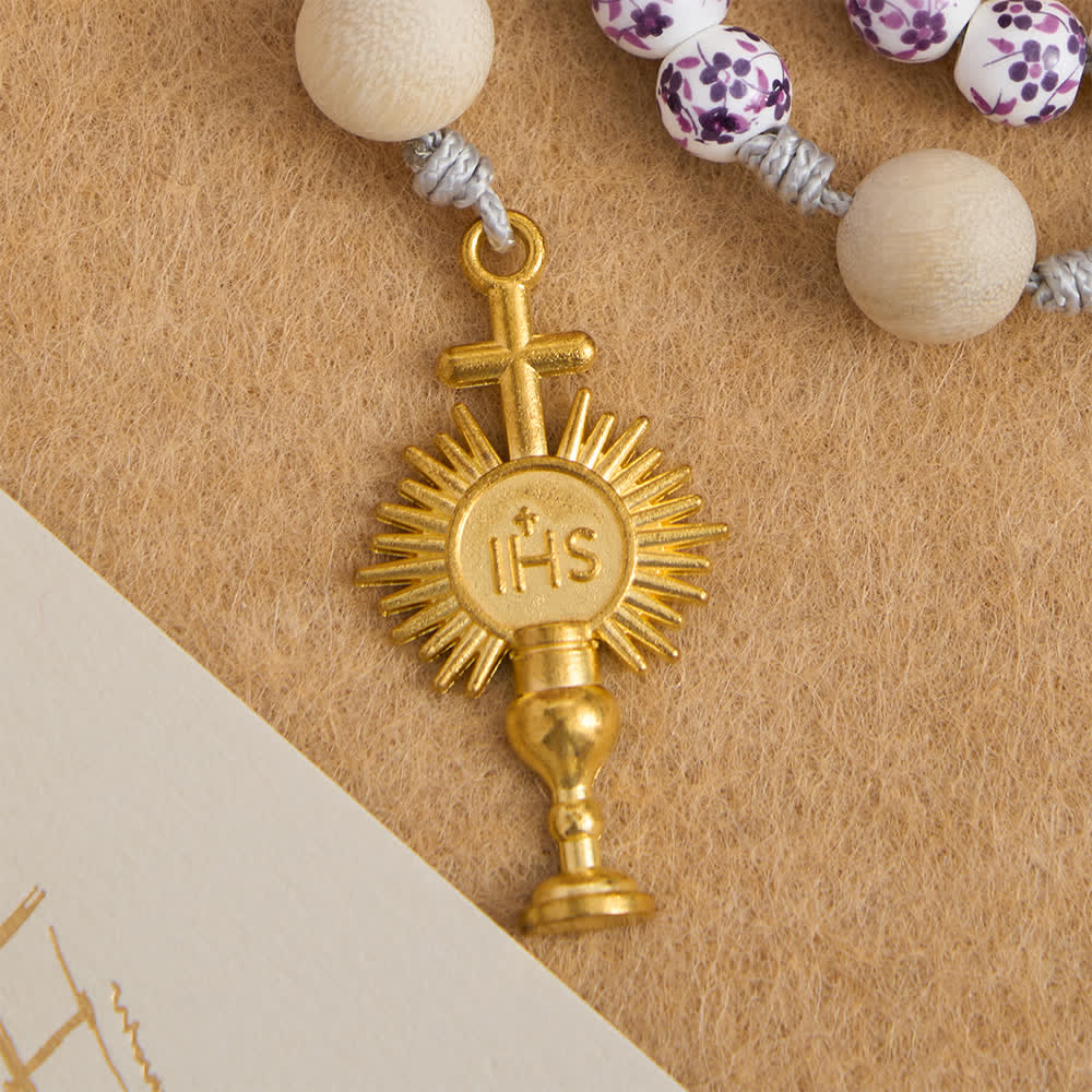 Christianartworkshop Purple Floral Ceramic & Camphor Wood Rosary with St. Benedict & IHS Chalice - image 7