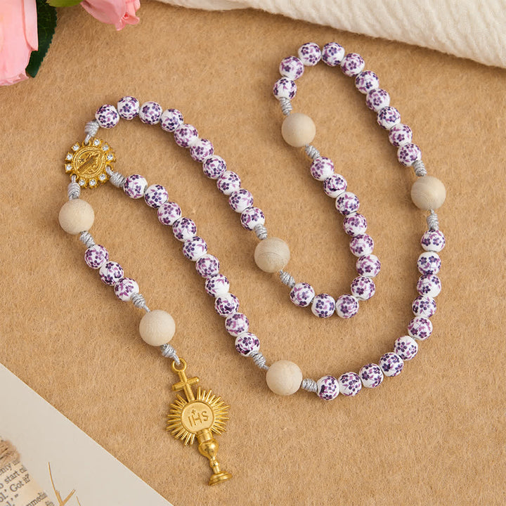 Christianartworkshop Purple Floral Ceramic & Camphor Wood Rosary with St. Benedict & IHS Chalice - image 4