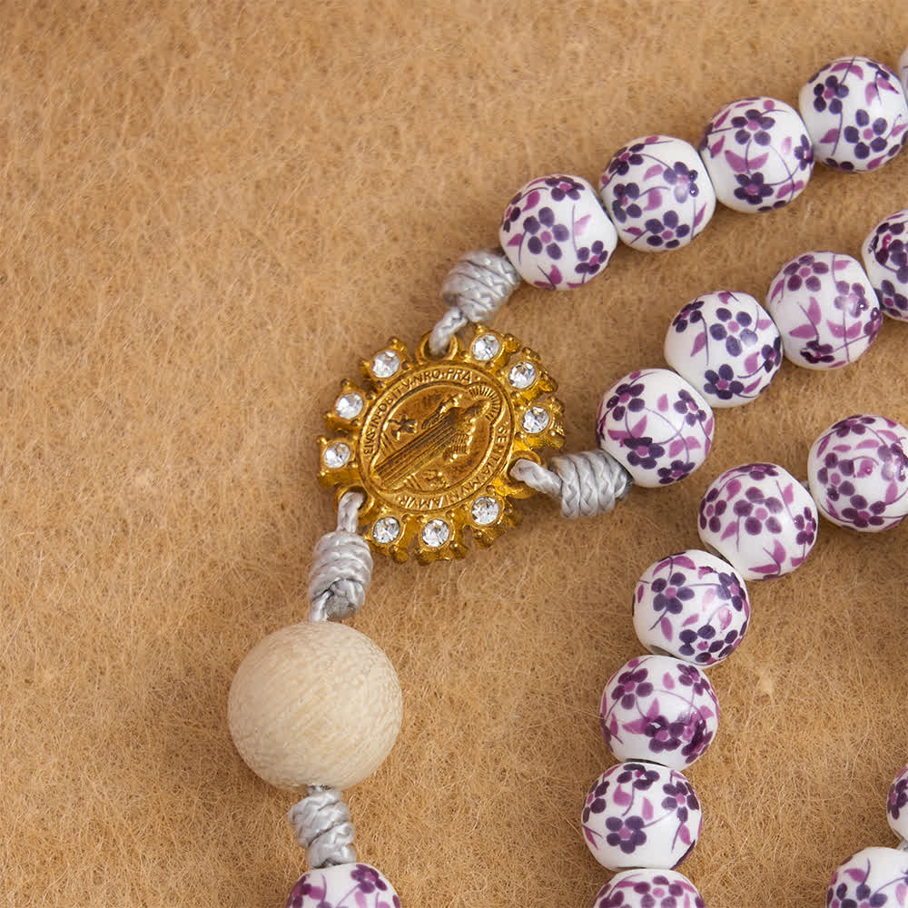 Christianartworkshop Purple Floral Ceramic & Camphor Wood Rosary with St. Benedict & IHS Chalice - image 5