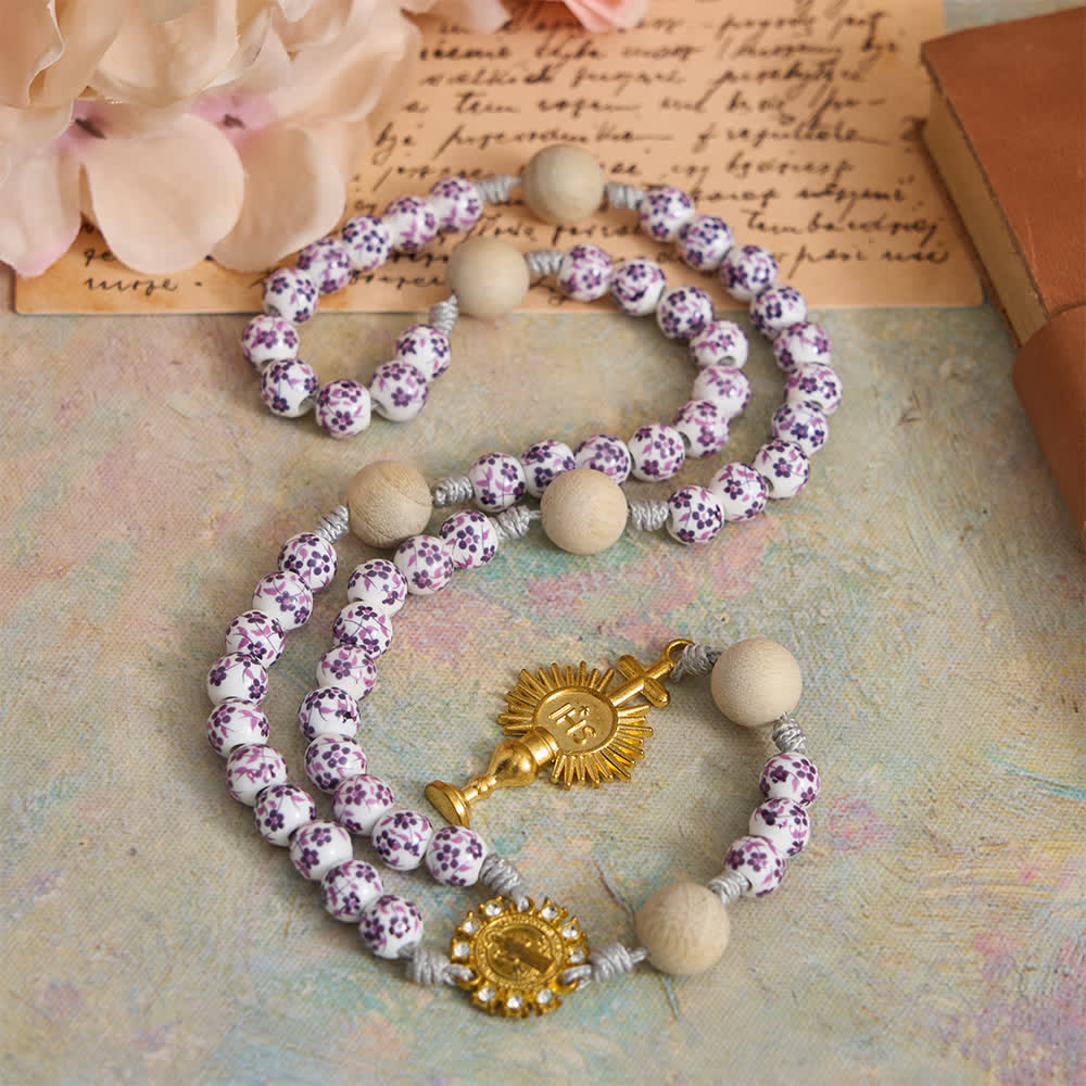 Christianartworkshop Purple Floral Ceramic & Camphor Wood Rosary with St. Benedict & IHS Chalice - image 3