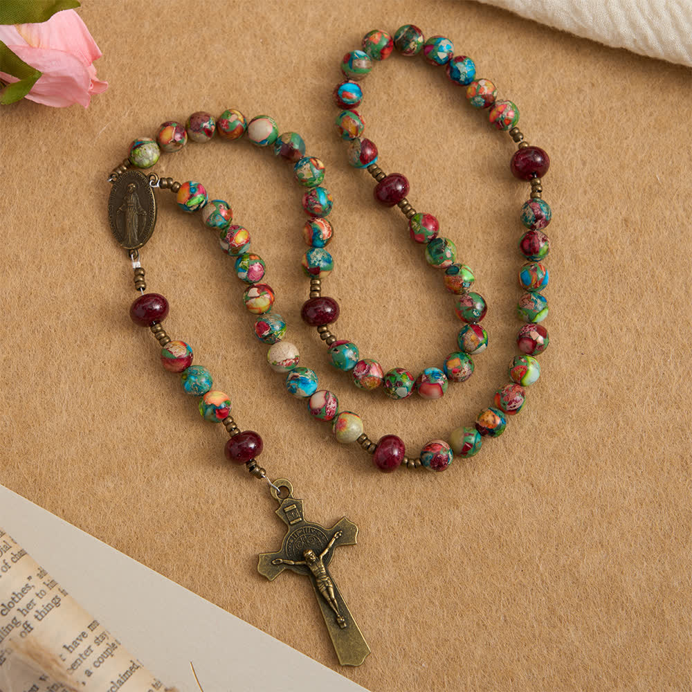 Christianartworkshop Vintage Colorful Emperors Stone Rosary with Our Lady Medal & Antique Cross - Our Lady & Crucifix - image 0