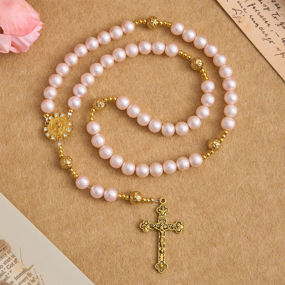 Christianartworkshop Vintage Wrinkle Pink & Golden Rosary with St. Benedict Medal - St. Benedict & Crucifix - image 0