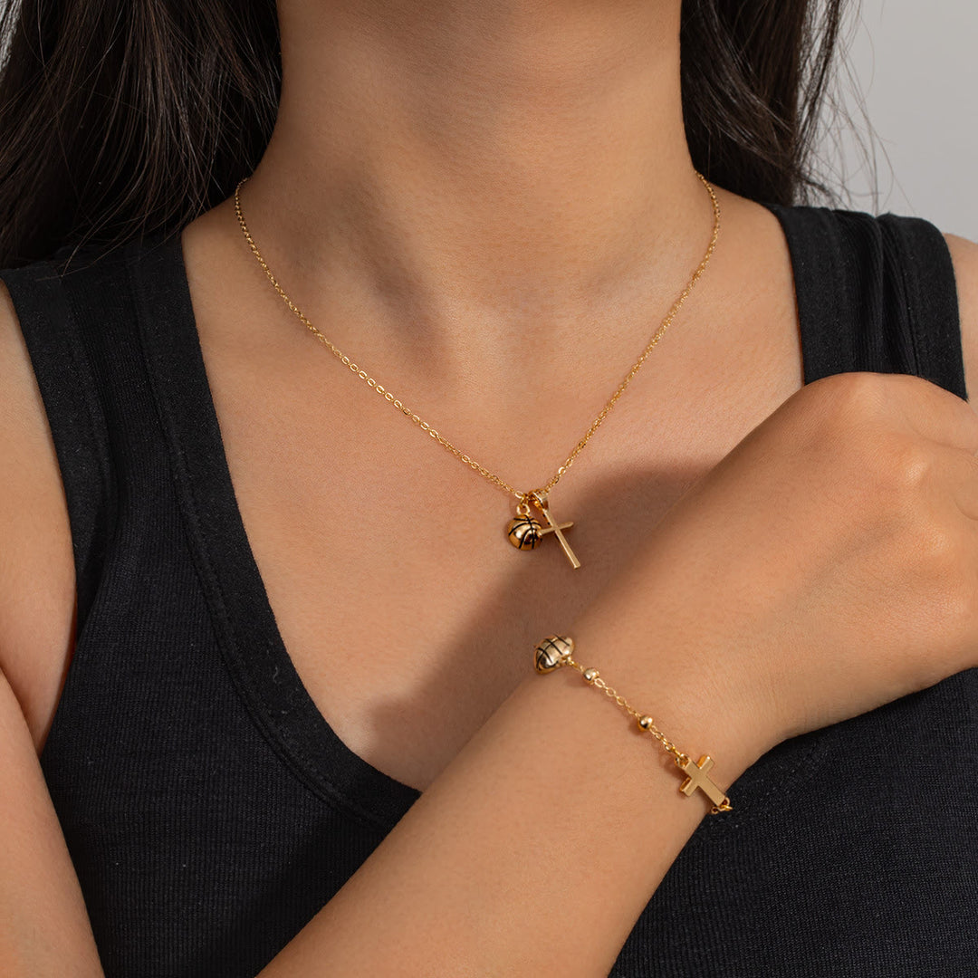Christianartworkshop Sport Ball & Cross Jewelry Set (Necklace + Bracelet) with Card: A Symbol of Faith and Athletic Passion - Golden Basketball B - image 8