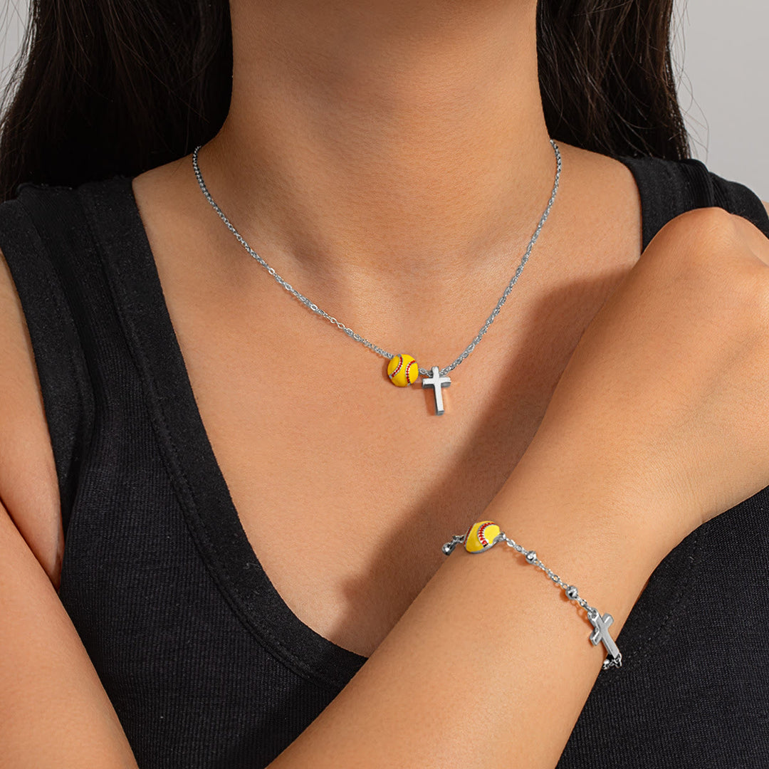 Christianartworkshop Sport Ball & Cross Jewelry Set (Necklace + Bracelet) with Card: A Symbol of Faith and Athletic Passion - Silver Baseball A - image 26